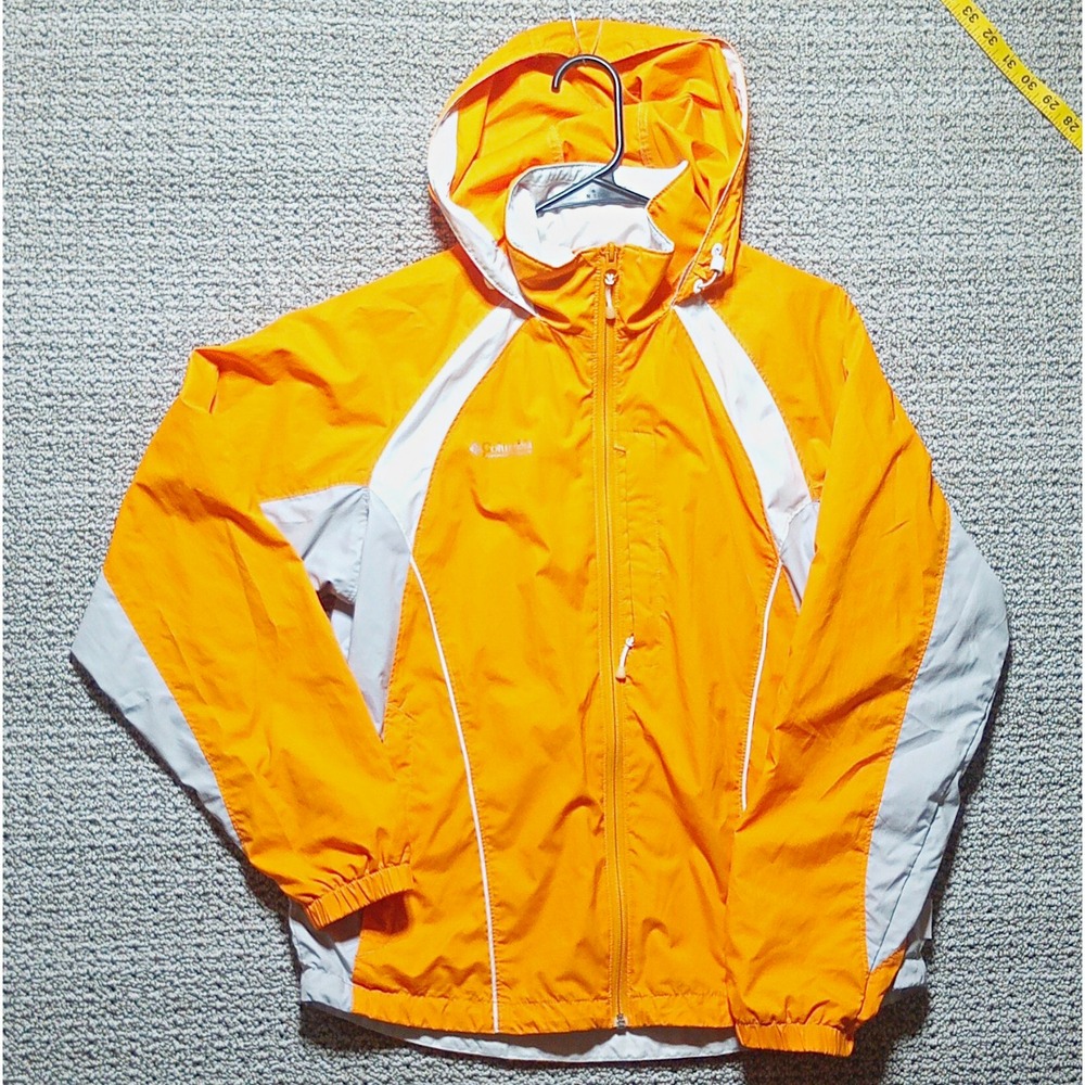 #F7-Columbia Women's Hooded Full Zip Windbreaker Jacket Orange/Gray Size M